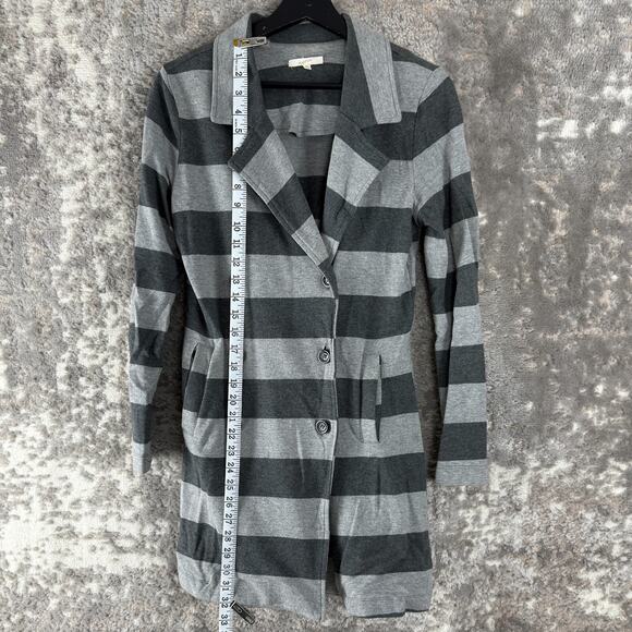 Mystree Size M Outdoor Stroped Notched Coat Gray Long Sleeve Button Pocket - Picture 3 of 9